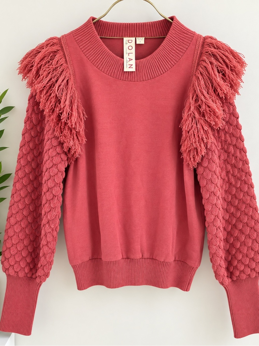 DOLAN Anthropologie Coral Fringe Bubble Sleeve Sweater Size Small